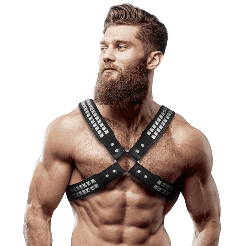 FETISH SUBMISSIVE ATTITUDE - IMBRACATURA IN ECOPELLE CON PETTO INCROCIATO DA UOMO CON RIVETTI