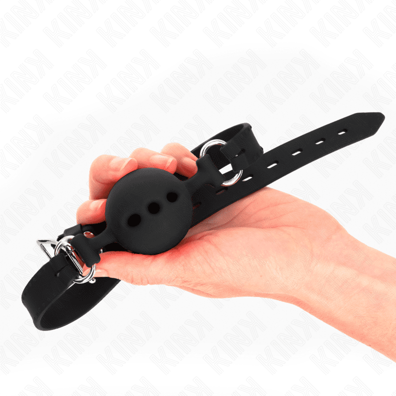 KINK - BAVAGLIO IN SILICONE INTERO 55 x 2 CM CON SFERA DA 5 CM MISURA L NERO REGOLABILE 35-51 CM - immagine 3