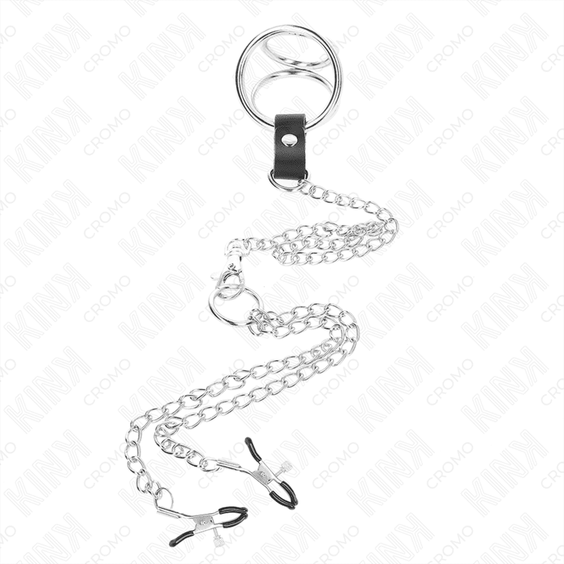 KINK - ANELLO PER PENE IN METALLO CROMATO TRIPLO DA 3,8 CM A 5 CM CON CATENA IN METALLO DA 26 CM E MORSETTI PER CAPEZZOLI MOD1 - immagine 3