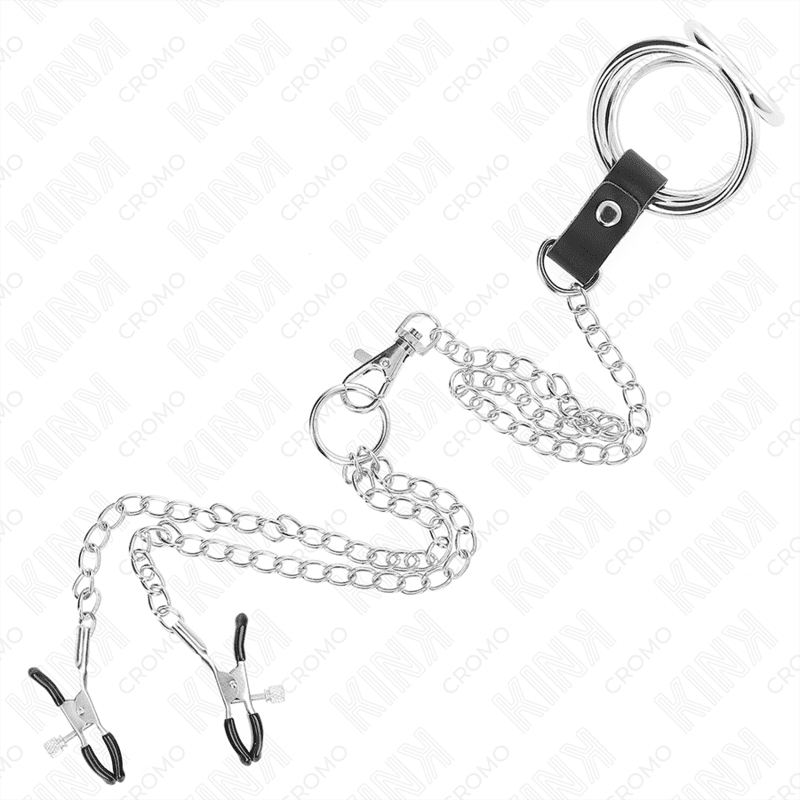 KINK - ANELLO PER PENE IN METALLO CROMATO TRIPLO DA 3 CM A 4,5 CM CON CATENA IN METALLO DA 26 CM E CLIP PER CAPEZZOLI - immagine 5