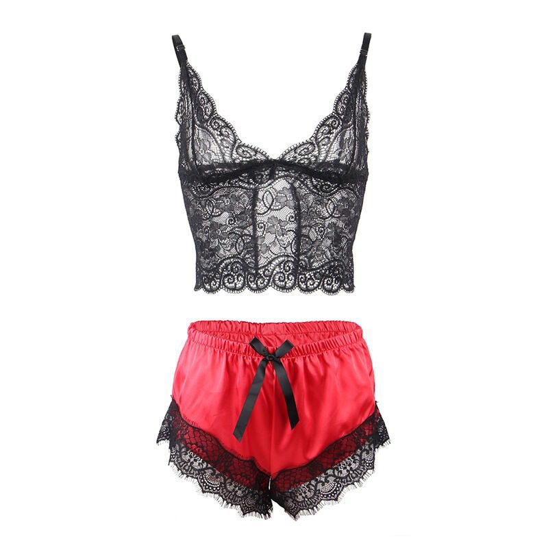 SUBBLIME - 953959 CAMICIA DA NOTTE CASUAL IN SETA + PANTALONI IN PIZZO NERO/ROSSO S/M - immagine 5