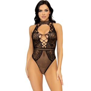 LEG AVENUE - BODY CON APERTURA A CHIAVE IN RETE E PIZZO TAGLIA UNICA
