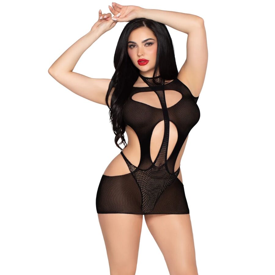 LEG AVENUE - 81680 MINI ABITO OPACO E TEDDY CON SCOLLO A V NERO - TAGLIA UNICA - immagine 2