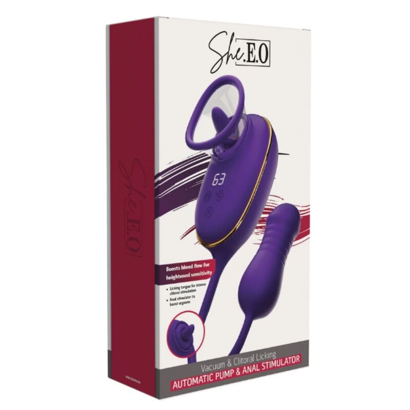 SHE.E.O - STRUMENTO DI ASPIRAZIONE CLITORIDEA CON EFFETTO LECCHIO E STIMOLATORE ANALE VIOLA - immagine 5