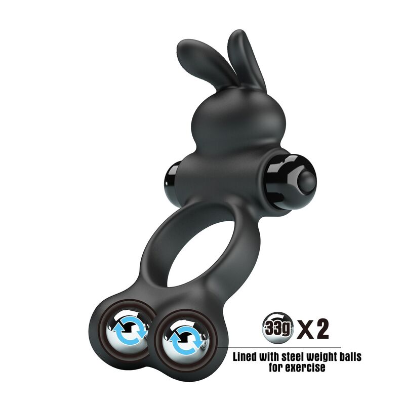 PRETTY LOVE - ANELLO PER PENE VIBRANTE CON STIMOLATORE A FORMA DI CONIGLIETTO, 10 FUNZIONI, NERO - immagine 3
